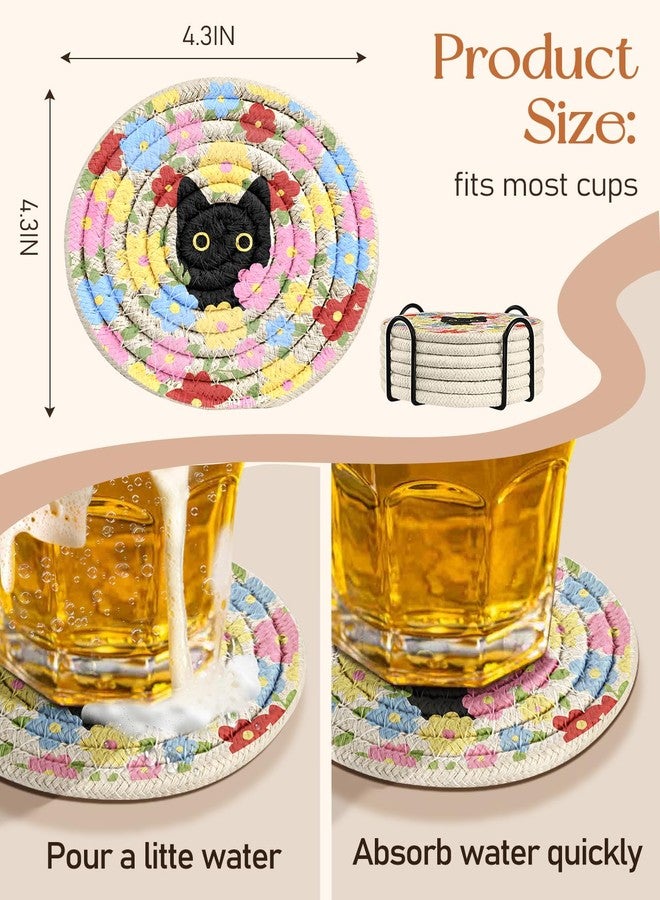 Kokaaee Drink Coasters Set of 6 - Cup Absorbent Coasters for Drinks Coffee Table Home Office Desk Decor Soft Woven Cotton Cloth Braided Fabric Drinking Cup Mat with Holder Cute Cat Flower - Image 5